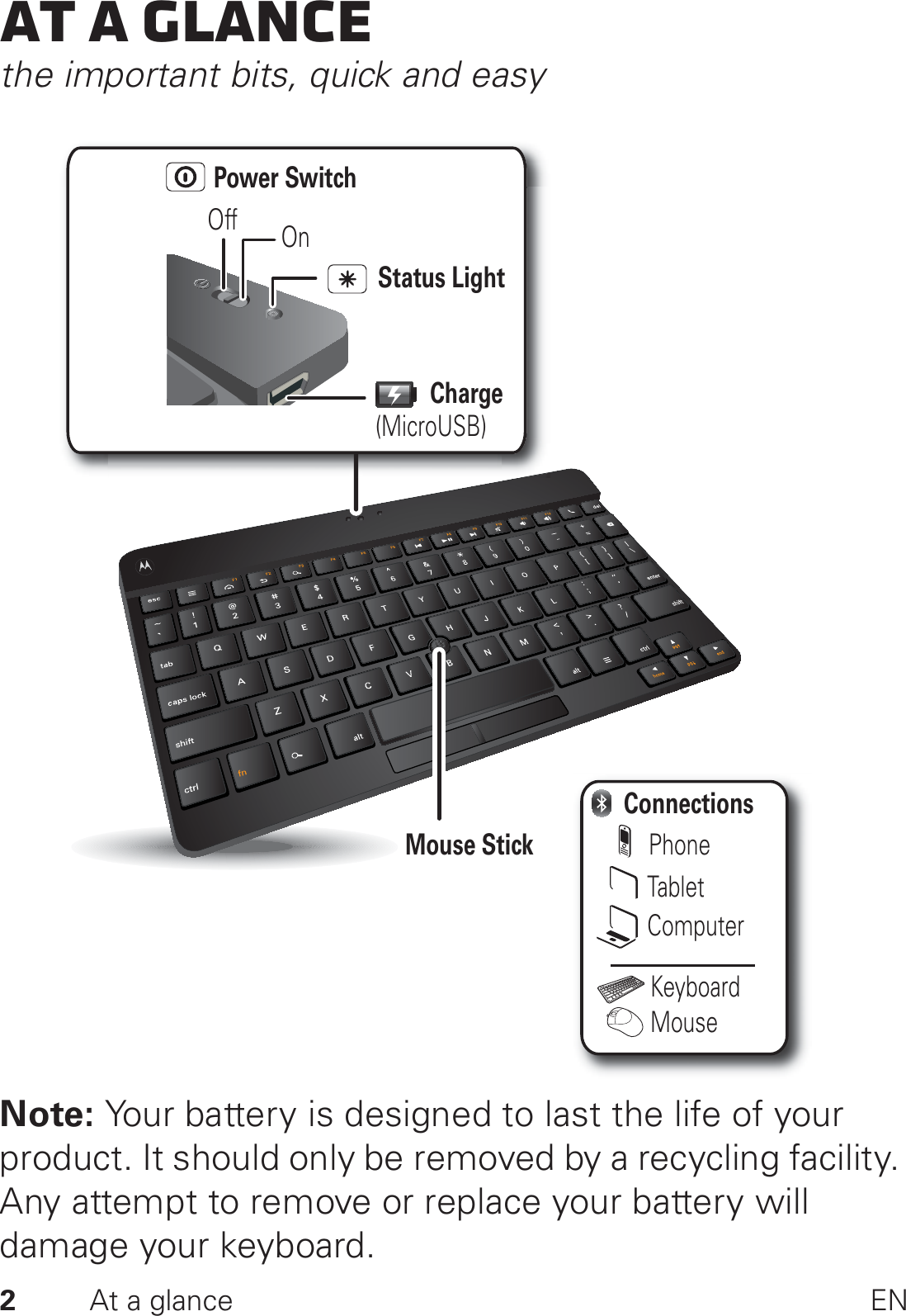 2At a glance ENAt a glancethe important bits, quick and easyNote: Your battery is designed to last the life of your product. It should only be removed by a recycling facility. Any attempt to remove or replace your battery will damage your keyboard.PhoneTabletComputerConnectionsKeyboardMouseMouse StickCharge(MicroUSB)Status LightPower SwitchOff On