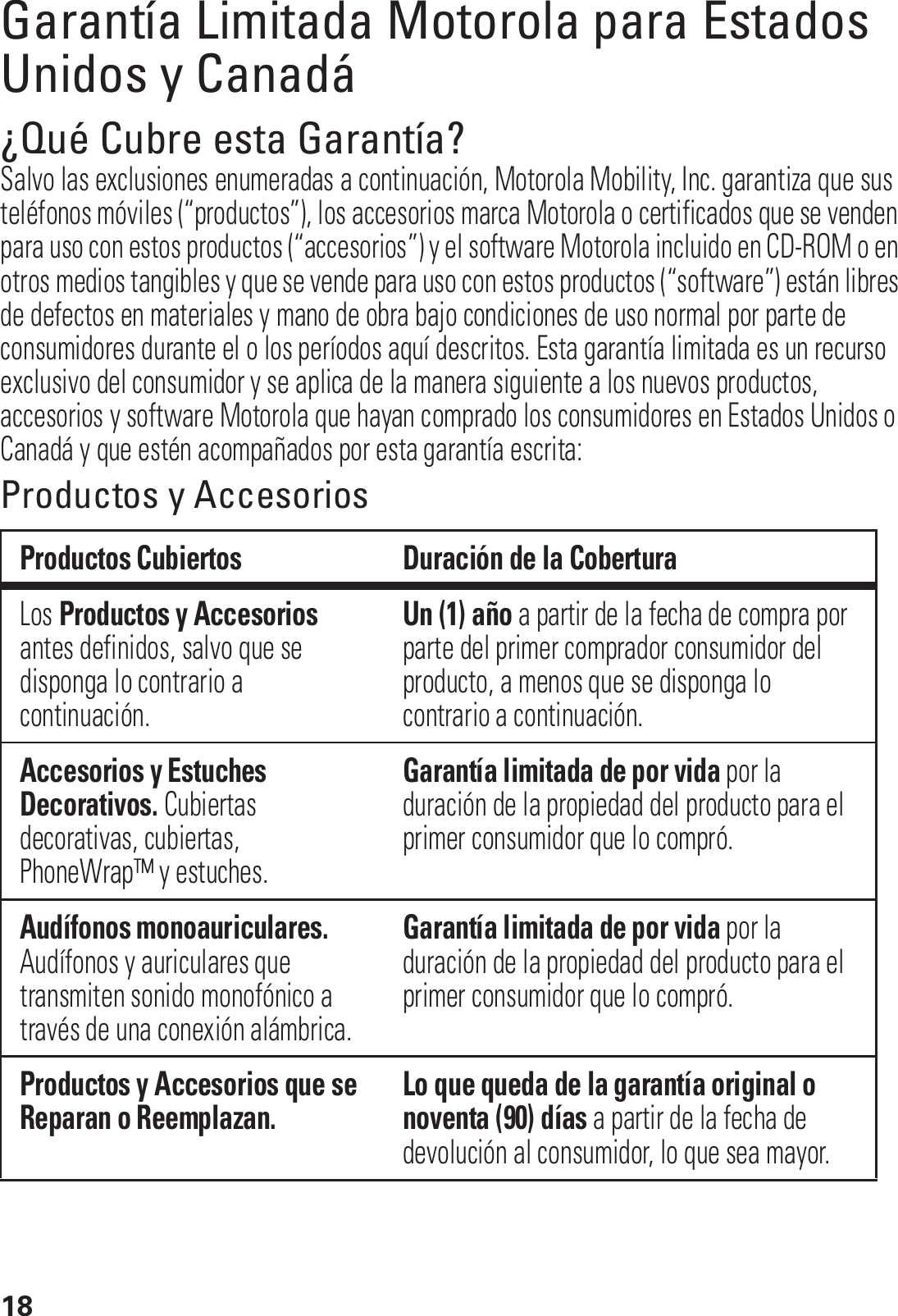 18Garantía Limitada Motorola para Estados Unidos y CanadáGarantía¿Qué Cubre esta Garantía?Salvo las exclusiones enumeradas a continuación, Motorola Mobility, Inc. garantiza que sus teléfonos móviles (“productos”), los accesorios marca Motorola o certificados que se venden para uso con estos productos (“accesorios”) y el software Motorola incluido en CD-ROM o en otros medios tangibles y que se vende para uso con estos productos (“software”) están libres de defectos en materiales y mano de obra bajo condiciones de uso normal por parte de consumidores durante el o los períodos aquí descritos. Esta garantía limitada es un recurso exclusivo del consumidor y se aplica de la manera siguiente a los nuevos productos, accesorios y software Motorola que hayan comprado los consumidores en Estados Unidos o Canadá y que estén acompañados por esta garantía escrita:Productos y AccesoriosProductos Cubiertos Duración de la CoberturaLos Productos y Accesorios antes definidos, salvo que se disponga lo contrario a continuación.Un (1) año a partir de la fecha de compra por parte del primer comprador consumidor del producto, a menos que se disponga lo contrario a continuación.Accesorios y Estuches Decorativos. Cubiertas decorativas, cubiertas, PhoneWrap™ y estuches.Garantía limitada de por vida por la duración de la propiedad del producto para el primer consumidor que lo compró.Audífonos monoauriculares. Audífonos y auriculares que transmiten sonido monofónico a través de una conexión alámbrica.Garantía limitada de por vida por la duración de la propiedad del producto para el primer consumidor que lo compró.Productos y Accesorios que se Reparan o Reemplazan. Lo que queda de la garantía original o noventa (90) días a partir de la fecha de devolución al consumidor, lo que sea mayor.