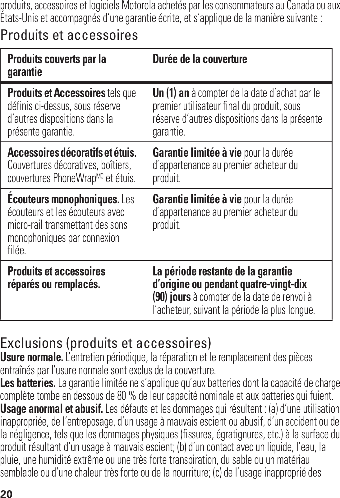 20produits, accessoires et logiciels Motorola achetés par les consommateurs au Canada ou aux États-Unis et accompagnés d’une garantie écrite, et s’applique de la manière suivante :Produits et accessoiresExclusions (produits et accessoires)Usure normale. L’entretien périodique, la réparation et le remplacement des pièces entraînés par l’usure normale sont exclus de la couverture.Les batteries. La garantie limitée ne s’applique qu’aux batteries dont la capacité de charge complète tombe en dessous de 80 % de leur capacité nominale et aux batteries qui fuient.Usage anormal et abusif. Les défauts et les dommages qui résultent : (a) d’une utilisation inappropriée, de l’entreposage, d’un usage à mauvais escient ou abusif, d’un accident ou de la négligence, tels que les dommages physiques (fissures, égratignures, etc.) à la surface du produit résultant d’un usage à mauvais escient; (b) d’un contact avec un liquide, l’eau, la pluie, une humidité extrême ou une très forte transpiration, du sable ou un matériau semblable ou d’une chaleur très forte ou de la nourriture; (c) de l’usage inapproprié des Produits couverts par la garantie Durée de la couvertureProduits et Accessoires tels que définis ci-dessus, sous réserve d’autres dispositions dans la présente garantie.Un (1) an à compter de la date d’achat par le premier utilisateur final du produit, sous réserve d’autres dispositions dans la présente garantie.Accessoires décoratifs et étuis. Couvertures décoratives, boîtiers, couvertures PhoneWrapMC et étuis.Garantie limitée à vie pour la durée d’appartenance au premier acheteur du produit.Écouteurs monophoniques. Les écouteurs et les écouteurs avec micro-rail transmettant des sons monophoniques par connexion filée.Garantie limitée à vie pour la durée d’appartenance au premier acheteur du produit.Produits et accessoires réparés ou remplacés. La période restante de la garantie d’origine ou pendant quatre-vingt-dix (90) jours à compter de la date de renvoi à l’acheteur, suivant la période la plus longue.