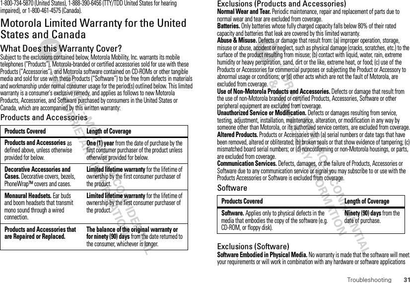 31Troubleshooting1-800-734-5870 (United States), 1-888-390-6456 (TTY/TDD United States for hearing impaired), or 1-800-461-4575 (Canada).Motorola Limited Warranty for the United States and CanadaWarrantyWhat Does this Warranty Cover?Subject to the exclusions contained below, Motorola Mobility, Inc. warrants its mobile telephones (“Products”), Motorola-branded or certified accessories sold for use with these Products (“Accessories”), and Motorola software contained on CD-ROMs or other tangible media and sold for use with these Products (“Software”) to be free from defects in materials and workmanship under normal consumer usage for the period(s) outlined below. This limited warranty is a consumer&apos;s exclusive remedy, and applies as follows to new Motorola Products, Accessories, and Software purchased by consumers in the United States or Canada, which are accompanied by this written warranty:Products and AccessoriesProducts Covered Length of CoverageProducts and Accessories as defined above, unless otherwise provided for below.One (1) year from the date of purchase by the first consumer purchaser of the product unless otherwise provided for below.Decorative Accessories and Cases. Decorative covers, bezels, PhoneWrap™ covers and cases.Limited lifetime warranty for the lifetime of ownership by the first consumer purchaser of the product.Monaural Headsets. Ear buds and boom headsets that transmit mono sound through a wired connection.Limited lifetime warranty for the lifetime of ownership by the first consumer purchaser of the product.Products and Accessories that are Repaired or Replaced.The balance of the original warranty or for ninety (90) days from the date returned to the consumer, whichever is longer.Exclusions (Products and Accessories)Normal Wear and Tear. Periodic maintenance, repair and replacement of parts due to normal wear and tear are excluded from coverage.Batteries. Only batteries whose fully charged capacity falls below 80% of their rated capacity and batteries that leak are covered by this limited warranty.Abuse &amp; Misuse. Defects or damage that result from: (a) improper operation, storage, misuse or abuse, accident or neglect, such as physical damage (cracks, scratches, etc.) to the surface of the product resulting from misuse; (b) contact with liquid, water, rain, extreme humidity or heavy perspiration, sand, dirt or the like, extreme heat, or food; (c) use of the Products or Accessories for commercial purposes or subjecting the Product or Accessory to abnormal usage or conditions; or (d) other acts which are not the fault of Motorola, are excluded from coverage.Use of Non-Motorola Products and Accessories. Defects or damage that result from the use of non-Motorola branded or certified Products, Accessories, Software or other peripheral equipment are excluded from coverage.Unauthorized Service or Modification. Defects or damages resulting from service, testing, adjustment, installation, maintenance, alteration, or modification in any way by someone other than Motorola, or its authorized service centers, are excluded from coverage.Altered Products. Products or Accessories with (a) serial numbers or date tags that have been removed, altered or obliterated; (b) broken seals or that show evidence of tampering; (c) mismatched board serial numbers; or (d) nonconforming or non-Motorola housings, or parts, are excluded from coverage.Communication Services. Defects, damages, or the failure of Products, Accessories or Software due to any communication service or signal you may subscribe to or use with the Products Accessories or Software is excluded from coverage.SoftwareExclusions (Software)Software Embodied in Physical Media. No warranty is made that the software will meet your requirements or will work in combination with any hardware or software applications Products Covered Length of CoverageSoftware. Applies only to physical defects in the media that embodies the copy of the software (e.g. CD-ROM, or floppy disk).Ninety (90) days from the date of purchase.