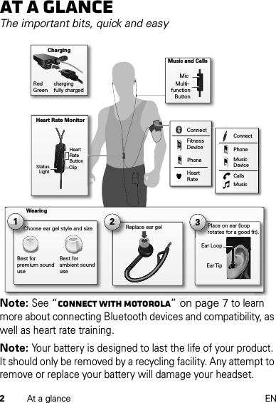 2At a glance ENAt a glanceThe important bits, quick and easyNote: See “Connect with Motorola” on page 7 to learn more about connecting Bluetooth devices and compatibility, as well as heart rate training.Note: Your battery is designed to last the life of your product. It should only be removed by a recycling facility. Any attempt to remove or replace your battery will damage your headset.HeartRateButtonMicMulti-function ButtonConnectFitnessDeviceHeart RateStatus Light ClipHeart Rate MonitorMusic and CallsConnectPhoneMusic DeviceCallsMusicPhoneEar TipEar Loop2Replace ear gel 1Choose ear gel style and sizeBest for premium sound useBest for ambient sound use3WearingPlace on ear (loop rotates for a good fit).ChargingRed     charging Green    fully charged