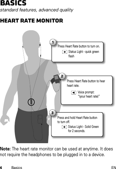 4Basics ENBasicsstandard features, advanced qualityHeart Rate MonitorNote: The heart rate monitor can be used at anytime. It does not require the headphones to be plugged in to a device.1Status Light - quick green flashPress Heart Rate button to turn on. 2Press Heart Rate button to hear heart rate.Voice prompt: “(your heart rate)”3Status Light - Solid Green for 2 seconds.Press and hold Heart Rate button to turn off.