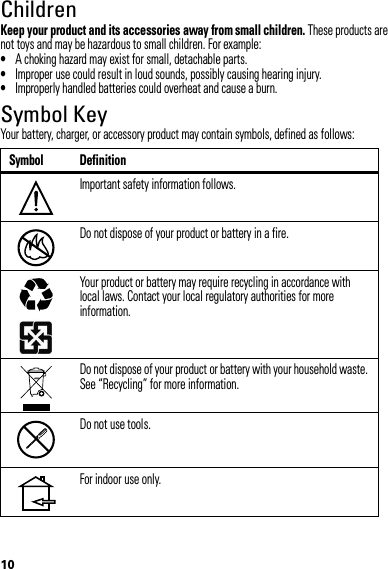 10ChildrenKeep your product and its accessories away from small children. These products are not toys and may be hazardous to small children. For example:•A choking hazard may exist for small, detachable parts.•Improper use could result in loud sounds, possibly causing hearing injury.•Improperly handled batteries could overheat and cause a burn.Symbol KeyYour battery, charger, or accessory product may contain symbols, defined as follows:Symbol DefinitionImportant safety information follows.Do not dispose of your product or battery in a fire.Your product or battery may require recycling in accordance with local laws. Contact your local regulatory authorities for more information.Do not dispose of your product or battery with your household waste. See “Recycling” for more information.Do not use tools.For indoor use only.032374o032376o032375o