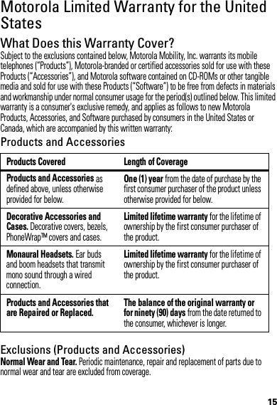 15Motorola Limited Warranty for the United StatesWarrantyWhat Does this Warranty Cover?Subject to the exclusions contained below, Motorola Mobility, Inc. warrants its mobile telephones (“Products”), Motorola-branded or certified accessories sold for use with these Products (“Accessories”), and Motorola software contained on CD-ROMs or other tangible media and sold for use with these Products (“Software”) to be free from defects in materials and workmanship under normal consumer usage for the period(s) outlined below. This limited warranty is a consumer&apos;s exclusive remedy, and applies as follows to new Motorola Products, Accessories, and Software purchased by consumers in the United States or Canada, which are accompanied by this written warranty:Products and AccessoriesExclusions (Products and Accessories)Normal Wear and Tear. Periodic maintenance, repair and replacement of parts due to normal wear and tear are excluded from coverage.Products Covered Length of CoverageProducts and Accessories as defined above, unless otherwise provided for below.One (1) year from the date of purchase by the first consumer purchaser of the product unless otherwise provided for below.Decorative Accessories and Cases. Decorative covers, bezels, PhoneWrap™ covers and cases.Limited lifetime warranty for the lifetime of ownership by the first consumer purchaser of the product.Monaural Headsets. Ear buds and boom headsets that transmit mono sound through a wired connection.Limited lifetime warranty for the lifetime of ownership by the first consumer purchaser of the product.Products and Accessories that are Repaired or Replaced.The balance of the original warranty or for ninety (90) days from the date returned to the consumer, whichever is longer.