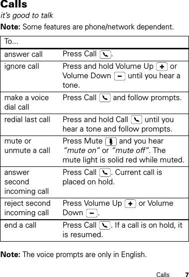 7CallsCallsit’s good to talkNote: Some features are phone/network dependent.Note: The voice prompts are only in English.To...answer callPress Call  .ignore callPress and hold Volume Up   or Volume Down   until you hear a tone.make a voice dial callPress Call   and follow prompts.redial last callPress and hold Call   until you hear a tone and follow prompts.mute or unmute a callPress Mute   and you hear “mute on” or “mute off”. The mute light is solid red while muted.answer second incoming callPress Call  . Current call is placed on hold.reject second incoming callPress Volume Up   or Volume Down .end a callPress Call  . If a call is on hold, it is resumed.