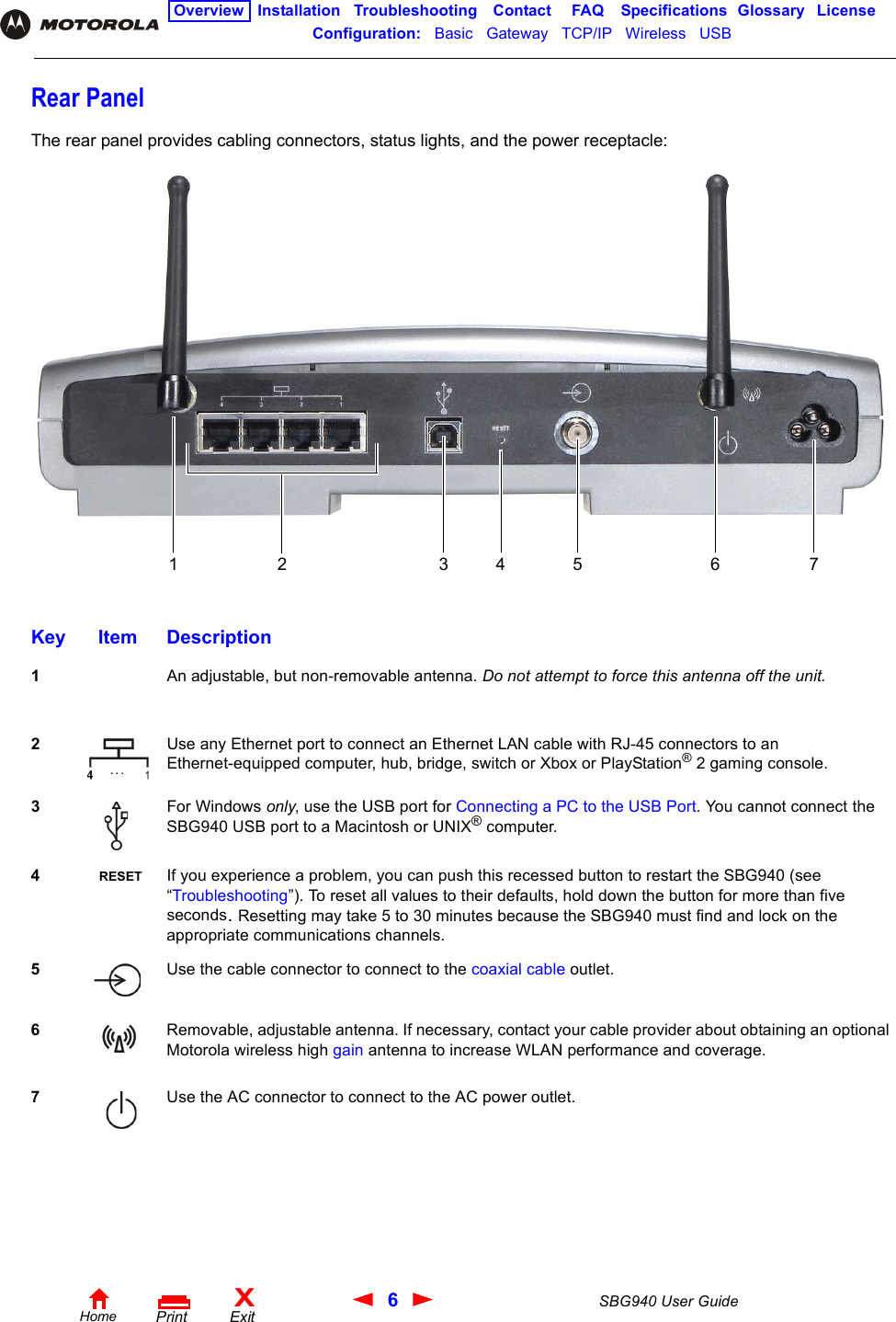 6SBG940 User GuideHomeXExitPrintOverview Installation Troubleshooting Contact FAQ Specifications Glossary LicenseConfiguration:   Basic   Gateway   TCP/IP   Wireless   USB   Rear PanelThe rear panel provides cabling connectors, status lights, and the power receptacle:Key Item Description1An adjustable, but non-removable antenna. Do not attempt to force this antenna off the unit.2Use any Ethernet port to connect an Ethernet LAN cable with RJ-45 connectors to an Ethernet-equipped computer, hub, bridge, switch or Xbox or PlayStation® 2 gaming console. 3For Windows only, use the USB port for Connecting a PC to the USB Port. You cannot connect the SBG940 USB port to a Macintosh or UNIX® computer.4 RESET If you experience a problem, you can push this recessed button to restart the SBG940 (see “Troubleshooting”). To reset all values to their defaults, hold down the button for more than five seconds. Resetting may take 5 to 30 minutes because the SBG940 must find and lock on the appropriate communications channels. 5Use the cable connector to connect to the coaxial cable outlet.6Removable, adjustable antenna. If necessary, contact your cable provider about obtaining an optional Motorola wireless high gain antenna to increase WLAN performance and coverage.7Use the AC connector to connect to the AC power outlet.2345671