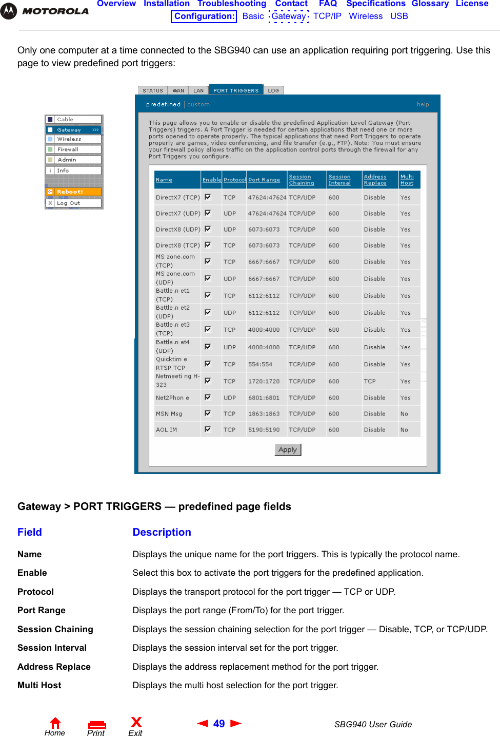 49 SBG940 User GuideHomeXExitPrintOverview Installation Troubleshooting Contact FAQ Specifications Glossary LicenseConfiguration:   Basic   Gateway   TCP/IP   Wireless   USB   Only one computer at a time connected to the SBG940 can use an application requiring port triggering. Use this page to view predefined port triggers:Gateway &gt; PORT TRIGGERS — predefined page fieldsField DescriptionName Displays the unique name for the port triggers. This is typically the protocol name.Enable Select this box to activate the port triggers for the predefined application.Protocol Displays the transport protocol for the port trigger — TCP or UDP.Port Range Displays the port range (From/To) for the port trigger.Session Chaining Displays the session chaining selection for the port trigger — Disable, TCP, or TCP/UDP.Session Interval Displays the session interval set for the port trigger.Address Replace Displays the address replacement method for the port trigger.Multi Host Displays the multi host selection for the port trigger.