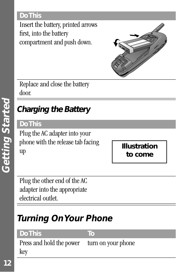  Getting Started 12Charging the BatteryTurning On Your PhoneInsert the battery, printed arrows ﬁrst, into the battery compartment and push down. Replace and close the battery door.Do ThisPlug the AC adapter into your phone with the release tab facing up Plug the other end of the AC adapter into the appropriate electrical outlet.Do This ToPress and hold the power keyturn on your phoneDo ThisIllustrationto come 