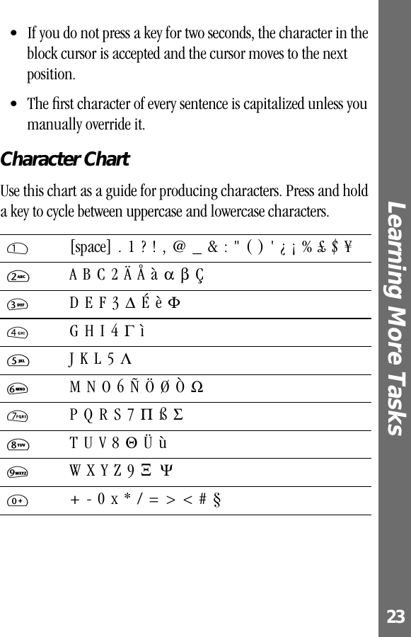 23Learning More Tasks • If you do not press a key for two seconds, the character in the block cursor is accepted and the cursor moves to the next position.• The ﬁrst character of every sentence is capitalized unless you manually override it.Character ChartUse this chart as a guide for producing characters. Press and hold a key to cycle between uppercase and lowercase characters.1  [space] . 1 ? ! , @ _ &amp; : &quot; ( ) &apos; ¿ ¡ % £ $ ¥ 2  A B C 2 Ä Å à α β Ç3  D E F 3 ∆ É è Φ4  G H I 4 Γ ì5  J K L 5 Λ6  M N O 6 Ñ Ö Ø Ò Ω7  P Q R S 7 Π ß Σ8  T U V 8 Θ Ü ù9  W X Y Z 9 Ξ  Ψ0  + - 0 x * / = &gt; &lt; # §