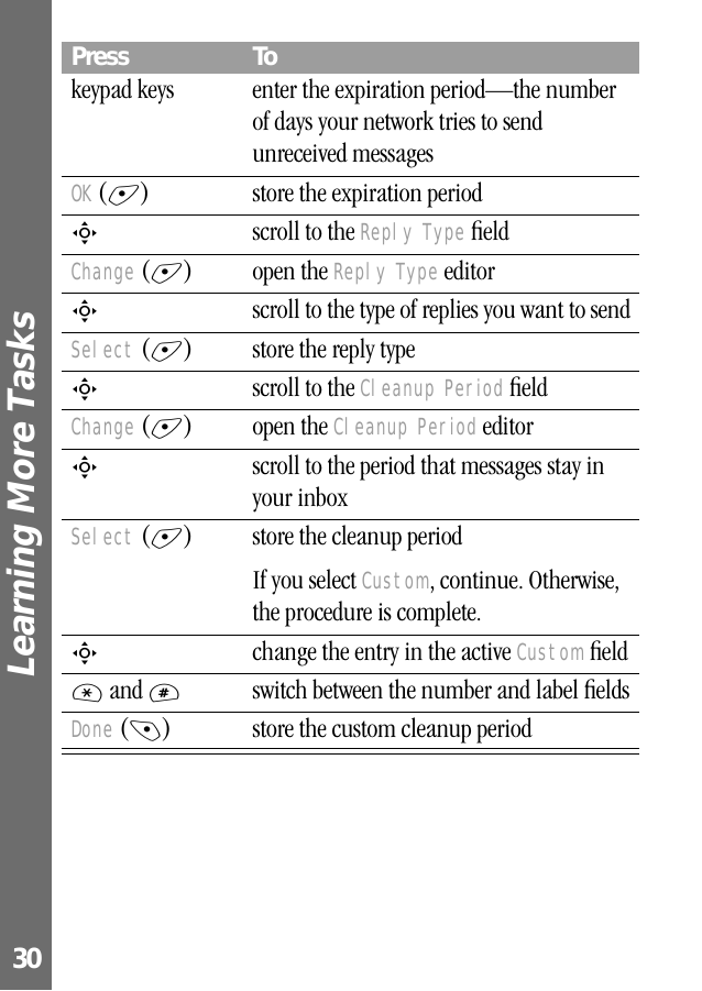 Learning More Tasks 30keypad keys enter the expiration period—the number of days your network tries to send unreceived messagesOK (+) store the expiration periodS  scroll to the Reply Type ﬁeldChange (+) open the Reply Type editorS  scroll to the type of replies you want to sendSelect (+) store the reply typeS  scroll to the Cleanup Period ﬁeldChange (+) open the Cleanup Period editorS  scroll to the period that messages stay in your inboxSelect (+) store the cleanup periodIf you select Custom, continue. Otherwise, the procedure is complete.S  change the entry in the active Custom ﬁeld* and #switch between the number and label ﬁeldsDone (-) store the custom cleanup periodPress To