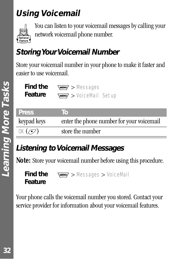 Learning More Tasks 32Using VoicemailYou can listen to your voicemail messages by calling your network voicemail phone number.Storing Your Voicemail  NumberStore your voicemail number in your phone to make it faster and easier to use voicemail.Listening to Voicemail MessagesNote: Store your voicemail number before using this procedure.Your phone calls the voicemail number you stored. Contact your service provider for information about your voicemail features.Find the FeatureM &gt; MessagesM &gt; VoiceMail SetupPress Tokeypad keys enter the phone number for your voicemailOK (+) store the numberFind the FeatureM &gt; Messages &gt; VoiceMail