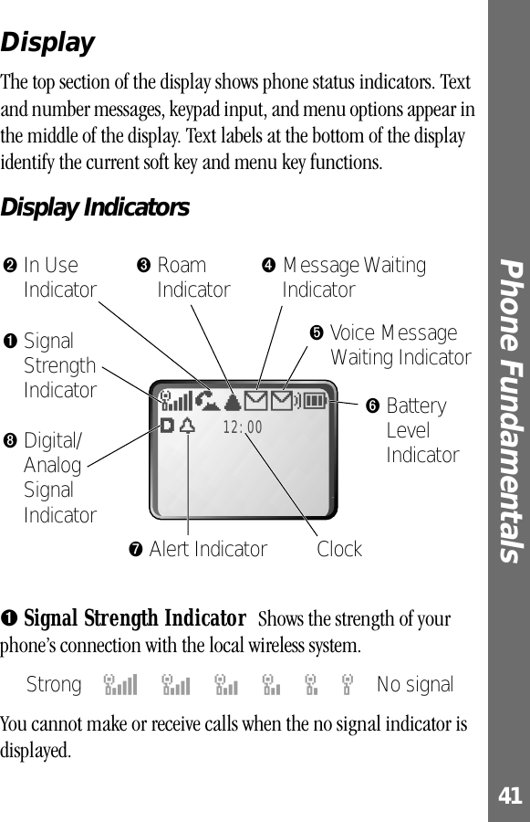 41Phone Fundamentals DisplayThe top section of the display shows phone status indicators. Text and number messages, keypad input, and menu options appear in the middle of the display. Text labels at the bottom of the display identify the current soft key and menu key functions.Display Indicators➊ Signal Strength Indicator  Shows the strength of your phone’s connection with the local wireless system.Strong54321jNo signalYou cannot make or receive calls when the no signal indicator is displayed.Ew12:00O,&amp;XF5➊Signal Strength IndicatorClock➏Battery Level Indicator➑Digital/Analog Signal Indicator➐Alert Indicator➋In Use Indicator ➌Roam Indicator ➍Message Waiting Indicator➎Voice Message Waiting Indicator