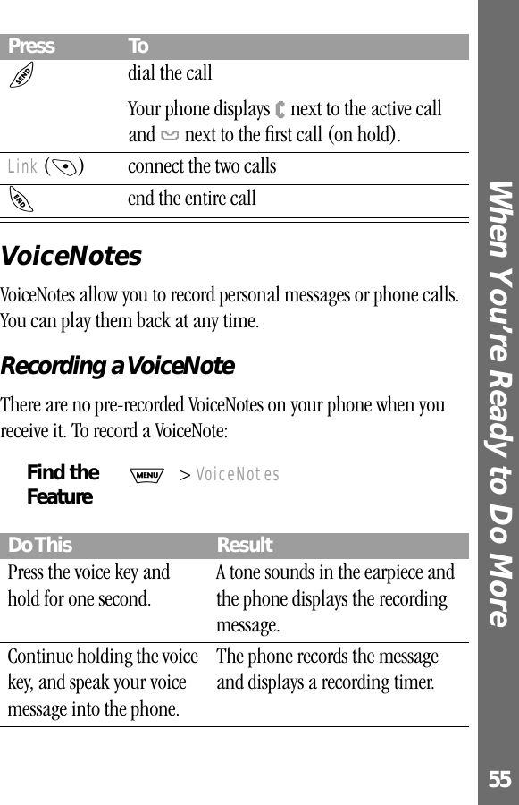 55When You’re Ready to Do More VoiceNotesVoiceNotes allow you to record personal messages or phone calls. You can play them back at any time.Recording a VoiceNoteThere are no pre-recorded VoiceNotes on your phone when you receive it. To record a VoiceNote:N dial the callYour phone displays W next to the active call and l next to the ﬁrst call (on hold).Link (-) connect the two callsO end the entire callFind the FeatureM&gt; VoiceNotesDo This ResultPress the voice key and hold for one second.A tone sounds in the earpiece and the phone displays the recording message.Continue holding the voice key, and speak your voice message into the phone.The phone records the message and displays a recording timer.Press To