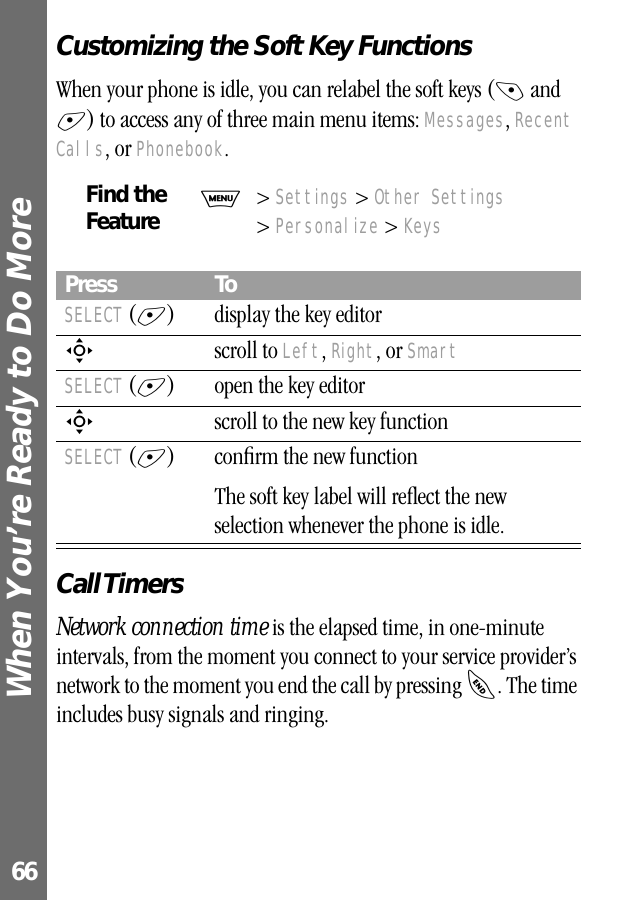 When You’re Ready to Do More 66Customizing the Soft Key FunctionsWhen your phone is idle, you can relabel the soft keys (- and +) to access any of three main menu items: Messages, Recent Calls, or Phonebook. Call TimersNetwork connection time is the elapsed time, in one-minute intervals, from the moment you connect to your service provider’s network to the moment you end the call by pressing O. The time includes busy signals and ringing.Find the FeatureM&gt; Settings &gt; Other Settings&gt; Personalize &gt; KeysPress ToSELECT (+) display the key editorS scroll to Left, Right, or SmartSELECT (+) open the key editorS  scroll to the new key functionSELECT (+) conﬁrm the new functionThe soft key label will reﬂect the new selection whenever the phone is idle.