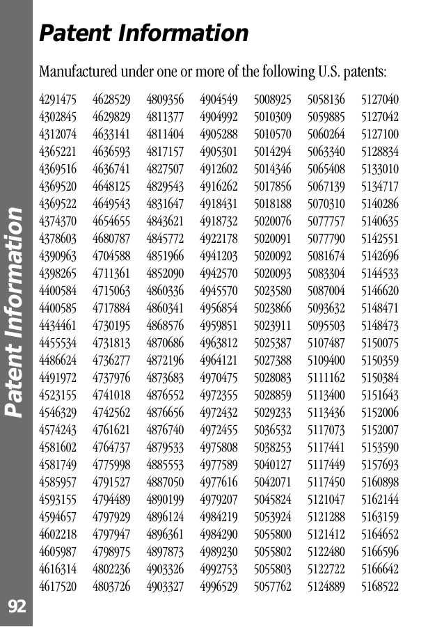 Patent Information 92Patent InformationManufactured under one or more of the following U.S. patents:42914754302845431207443652214369516436952043695224374370437860343909634398265440058444005854434461445553444866244491972452315545463294574243458160245817494585957459315545946574602218460598746163144617520462852946298294633141463659346367414648125464954346546554680787470458847113614715063471788447301954731813473627747379764741018474256247616214764737477599847915274794489479792947979474798975480223648037264809356481137748114044817157482750748295434831647484362148457724851966485209048603364860341486857648706864872196487368348765524876656487674048795334885553488705048901994896124489636148978734903326490332749045494904992490528849053014912602491626249184314918732492217849412034942570494557049568544959851496381249641214970475497235549724324972455497580849775894977616497920749842194984290498923049927534996529500892550103095010570501429450143465017856501818850200765020091502009250200935023580502386650239115025387502738850280835028859502923350365325038253504012750420715045824505392450558005055802505580350577625058136505988550602645063340506540850671395070310507775750777905081674508330450870045093632509550351074875109400511116251134005113436511707351174415117449511745051210475121288512141251224805122722512488951270405127042512710051288345133010513471751402865140635514255151426965144533514662051484715148473515007551503595150384515164351520065152007515359051576935160898516214451631595164652516659651666425168522