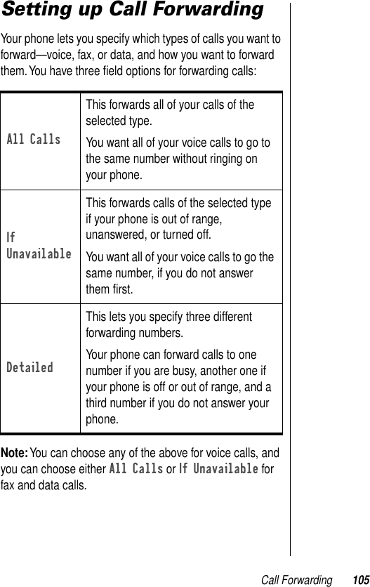 Call Forwarding 105Setting up Call ForwardingYour phone lets you specify which types of calls you want to forward—voice, fax, or data, and how you want to forward them. You have three ﬁeld options for forwarding calls:Note: You can choose any of the above for voice calls, and you can choose either All Calls or If Unavailable for fax and data calls.All CallsThis forwards all of your calls of the selected type. You want all of your voice calls to go to the same number without ringing on your phone.If UnavailableThis forwards calls of the selected type if your phone is out of range, unanswered, or turned off.You want all of your voice calls to go the same number, if you do not answer them ﬁrst.DetailedThis lets you specify three different forwarding numbers.Your phone can forward calls to one number if you are busy, another one if your phone is off or out of range, and a third number if you do not answer your phone.