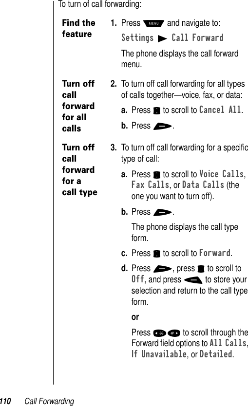 110 Call ForwardingTo turn of call forwarding:Find the feature1. Press M and navigate to:Settings B Call ForwardThe phone displays the call forward menu.Turn off call forward for all calls2. To turn off call forwarding for all types of calls together—voice, fax, or data:a. Press S to scroll to Cancel All.b. Press +.Turn off call forward for a call type3. To turn off call forwarding for a speciﬁc type of call:a. Press S to scroll to Voice Calls, Fax Calls, or Data Calls (the one you want to turn off).b. Press +.The phone displays the call type form.c. Press S to scroll to Forward.d. Press +, press S to scroll to Off, and press - to store your selection and return to the call type form.orPress *# to scroll through the Forward ﬁeld options to All Calls, If Unavailable, or Detailed.