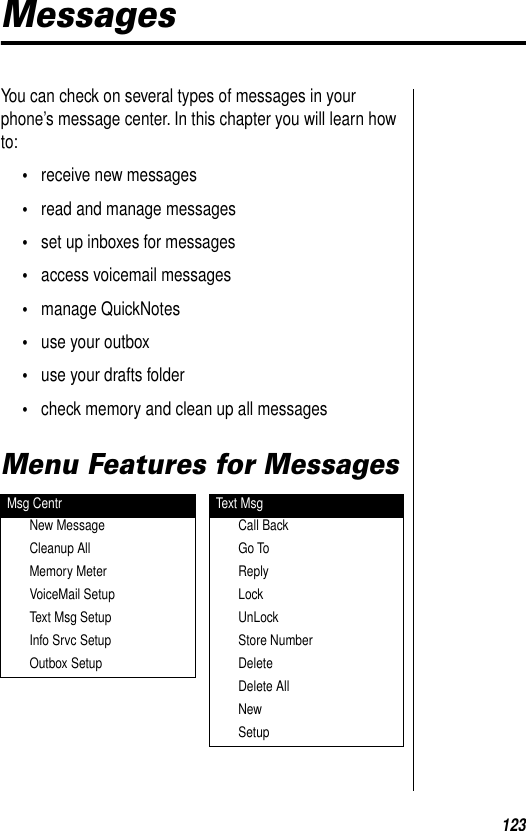 123MessagesYou can check on several types of messages in your phone’s message center. In this chapter you will learn how to:•receive new messages•read and manage messages•set up inboxes for messages•access voicemail messages•manage QuickNotes•use your outbox•use your drafts folder•check memory and clean up all messagesMenu Features for MessagesMsg Centr Text MsgNew Message Call BackCleanup All Go ToMemory Meter ReplyVoiceMail Setup LockText Msg Setup UnLockInfo Srvc Setup Store NumberOutbox Setup DeleteDelete AllNewSetup