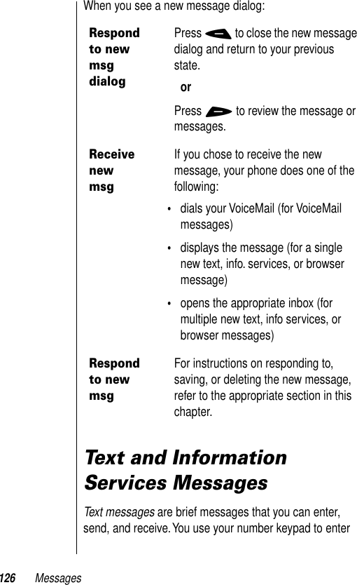 126 MessagesWhen you see a new message dialog:Text and Information Services MessagesText messages are brief messages that you can enter, send, and receive. You use your number keypad to enter Respond to new msg dialogPress - to close the new message dialog and return to your previous state. orPress + to review the message or messages.Receive new msgIf you chose to receive the new message, your phone does one of the following:•dials your VoiceMail (for VoiceMail messages)•displays the message (for a single new text, info. services, or browser message)•opens the appropriate inbox (for multiple new text, info services, or browser messages)Respond to new msgFor instructions on responding to, saving, or deleting the new message, refer to the appropriate section in this chapter.