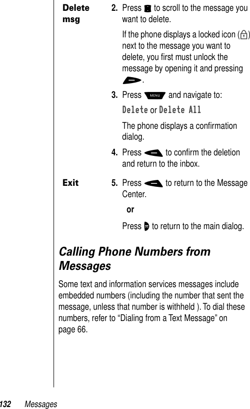 132 MessagesCalling Phone Numbers from MessagesSome text and information services messages include embedded numbers (including the number that sent the message, unless that number is withheld ). To dial these numbers, refer to “Dialing from a Text Message” on page 66.Delete msg2. Press S to scroll to the message you want to delete.If the phone displays a locked icon (b) next to the message you want to delete, you ﬁrst must unlock the message by opening it and pressing +.3. Press M and navigate to:Delete or Delete AllThe phone displays a conﬁrmation dialog.4. Press - to conﬁrm the deletion and return to the inbox.Exit5. Press - to return to the Message Center.orPress O to return to the main dialog.