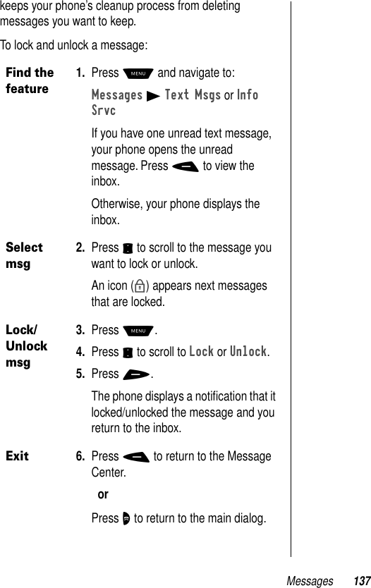 Messages 137keeps your phone’s cleanup process from deleting messages you want to keep.To lock and unlock a message:Find the feature1. Press M and navigate to:Messages B Text Msgs or Info SrvcIf you have one unread text message, your phone opens the unread message. Press - to view the inbox.Otherwise, your phone displays the inbox.Select msg2. Press S to scroll to the message you want to lock or unlock.An icon (b) appears next messages that are locked.Lock/Unlock msg3. Press M.4. Press S to scroll to Lock or Unlock.5. Press +.The phone displays a notiﬁcation that it locked/unlocked the message and you return to the inbox.Exit6. Press - to return to the Message Center.orPress O to return to the main dialog.