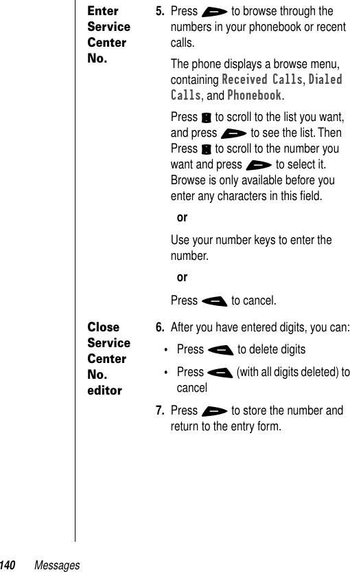 140 MessagesEnter Service Center No.5. Press + to browse through the numbers in your phonebook or recent calls. The phone displays a browse menu, containing Received Calls, Dialed Calls, and Phonebook. Press S to scroll to the list you want, and press + to see the list. Then Press S to scroll to the number you want and press + to select it.Browse is only available before you enter any characters in this ﬁeld.orUse your number keys to enter the number.orPress - to cancel.Close Service Center No. editor6. After you have entered digits, you can:•Press - to delete digits•Press - (with all digits deleted) to cancel7. Press + to store the number and return to the entry form.