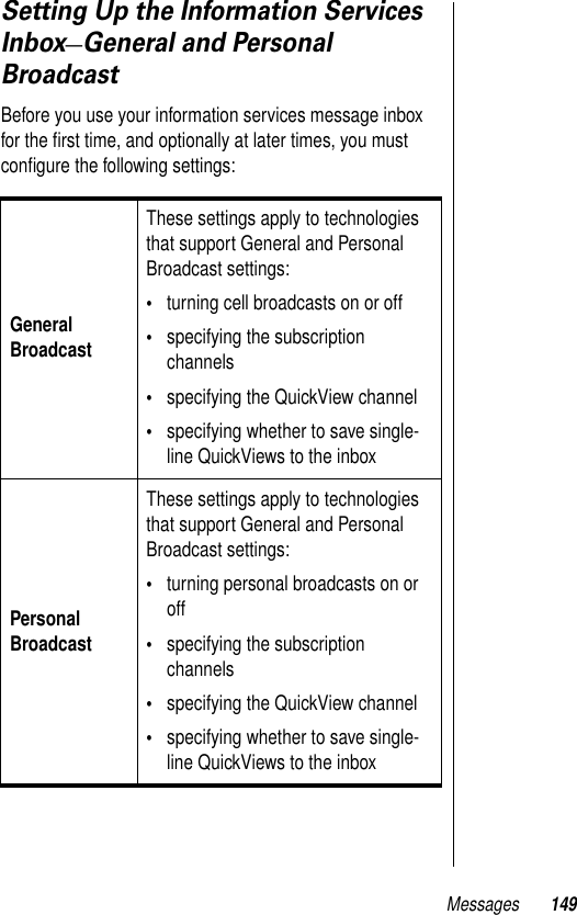 Messages 149Setting Up the Information Services Inbox—General and Personal BroadcastBefore you use your information services message inbox for the ﬁrst time, and optionally at later times, you must conﬁgure the following settings:General BroadcastThese settings apply to technologies that support General and Personal Broadcast settings: •turning cell broadcasts on or off•specifying the subscription channels•specifying the QuickView channel•specifying whether to save single-line QuickViews to the inboxPersonal BroadcastThese settings apply to technologies that support General and Personal Broadcast settings: •turning personal broadcasts on or off•specifying the subscription channels•specifying the QuickView channel•specifying whether to save single-line QuickViews to the inbox