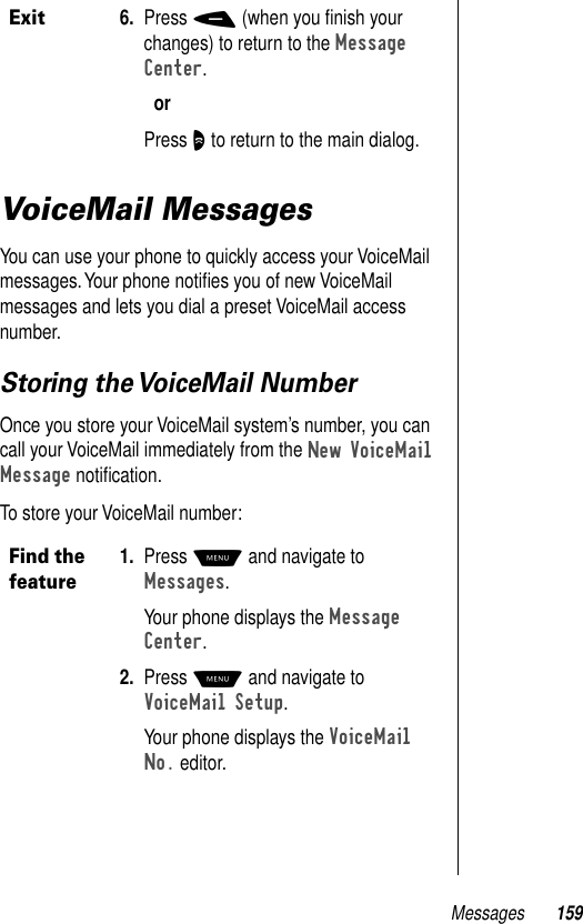 Messages 159VoiceMail MessagesYou can use your phone to quickly access your VoiceMail messages. Your phone notiﬁes you of new VoiceMail messages and lets you dial a preset VoiceMail access number.Storing the VoiceMail NumberOnce you store your VoiceMail system’s number, you can call your VoiceMail immediately from the New VoiceMail Message notiﬁcation.To store your VoiceMail number:Exit6. Press - (when you ﬁnish your changes) to return to the Message Center.orPress O to return to the main dialog.Find the feature1. Press M and navigate to Messages.Your phone displays the Message Center.2. Press M and navigate to VoiceMail Setup.Your phone displays the VoiceMail No. editor.