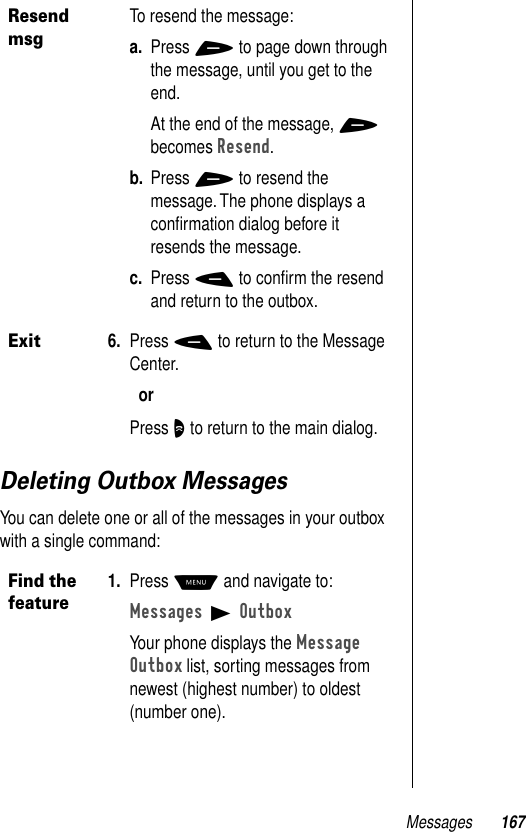 Messages 167Deleting Outbox MessagesYou can delete one or all of the messages in your outbox with a single command:Resend msgTo resend the message:a. Press + to page down through the message, until you get to the end. At the end of the message, + becomes Resend. b. Press + to resend the message. The phone displays a conﬁrmation dialog before it resends the message. c. Press - to conﬁrm the resend and return to the outbox.Exit6. Press - to return to the Message Center.orPress O to return to the main dialog.Find the feature1. Press M and navigate to:Messages B OutboxYour phone displays the Message Outbox list, sorting messages from newest (highest number) to oldest (number one). 