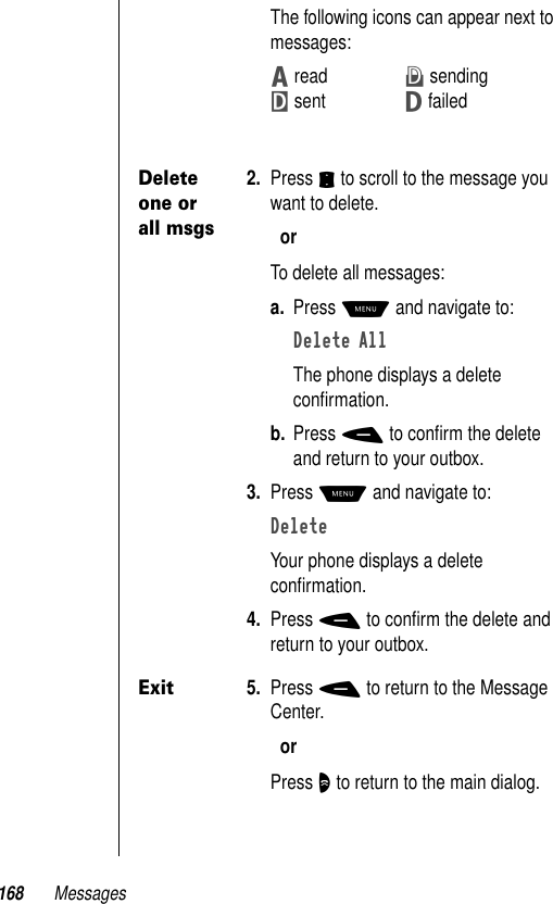 168 MessagesThe following icons can appear next to messages: Z readX sendingY sentW failedDelete one or all msgs2. Press S to scroll to the message you want to delete.orTo delete all messages:a. Press M and navigate to:Delete AllThe phone displays a delete conﬁrmation. b. Press - to conﬁrm the delete and return to your outbox.3. Press M and navigate to:DeleteYour phone displays a delete conﬁrmation.4. Press - to conﬁrm the delete and return to your outbox.Exit5. Press - to return to the Message Center.orPress O to return to the main dialog.