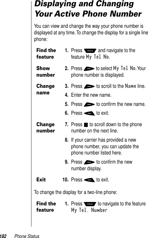 182 Phone StatusDisplaying and Changing Your Active Phone NumberYou can view and change the way your phone number is displayed at any time. To change the display for a single line phone:To change the display for a two-line phone:Find the feature1. Press M and navigate to the feature My Tel No.Show number2. Press + to select My Tel No. Your phone number is displayed.Change name3. Press + to scroll to the Name line.4. Enter the new name.5. Press + to conﬁrm the new name. 6. Press - to exit.Change number7. Press S to scroll down to the phone number on the next line.8. If your carrier has provided a new phone number, you can update the phone number listed here.9. Press + to conﬁrm the new number display.Exit10. Press - to exit.Find the feature1. Press M to navigate to the feature My Tel. Number