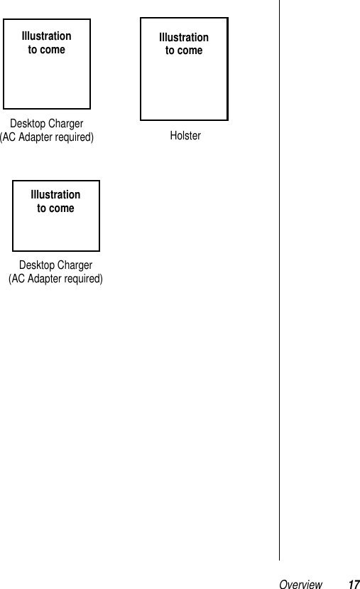  Overview 17 HolsterIllustrationto comeDesktop Charger (AC Adapter required)Illustrationto comeIllustrationto comeDesktop Charger(AC Adapter required)