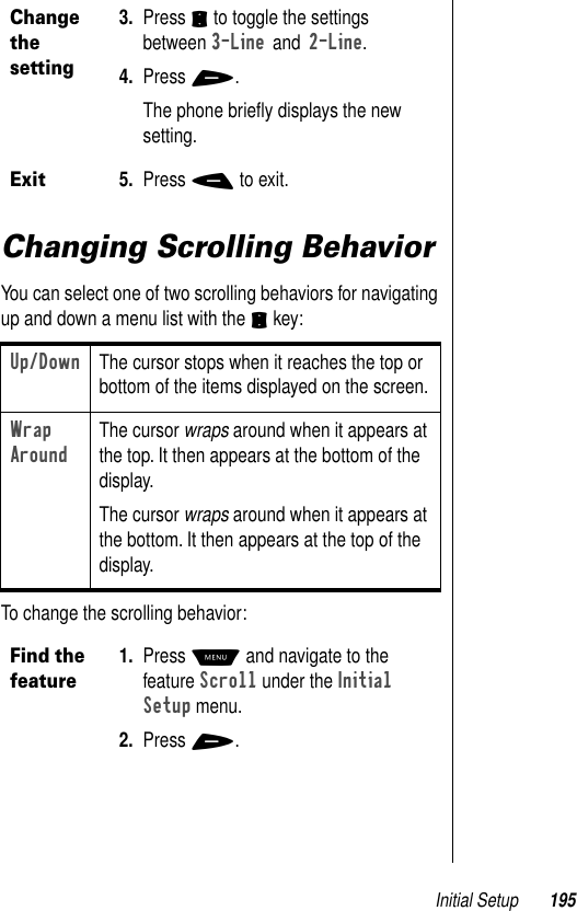 Initial Setup 195Changing Scrolling BehaviorYou can select one of two scrolling behaviors for navigating up and down a menu list with the S key:To change the scrolling behavior:Change the setting3. Press S to toggle the settings between 3-Line and 2-Line. 4. Press +. The phone brieﬂy displays the new setting.Exit5. Press - to exit.Up/DownThe cursor stops when it reaches the top or bottom of the items displayed on the screen.Wrap AroundThe cursor wraps around when it appears at the top. It then appears at the bottom of the display. The cursor wraps around when it appears at the bottom. It then appears at the top of the display. Find the feature1. Press M and navigate to the feature Scroll under the Initial Setup menu.2. Press +.