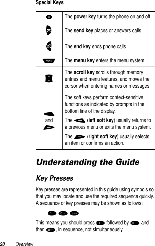  20 Overview Special Keys   Understanding the Guide Key Presses Key presses are represented in this guide using symbols so that you may locate and use the required sequence quickly. A sequence of key presses may be shown as follows: 1   0   8This means you should press 1 followed by 0 and then 8, in sequence, not simultaneously.P The power key turns the phone on and offO The send key places or answers callsN The end key ends phone callsM The menu key enters the menu systemS The scroll key scrolls through memory entries and menu features, and moves the cursor when entering names or messages-and+The soft keys perform context-sensitive functions as indicated by prompts in the bottom line of the display.The - (left soft key) usually returns to a previous menu or exits the menu system.The + (right soft key) usually selects an item or conﬁrms an action.