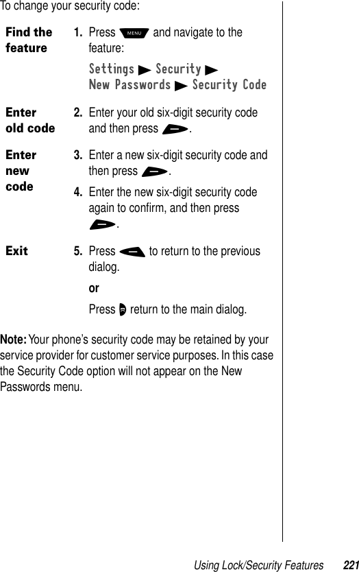 Using Lock/Security Features 221To change your security code:Note: Your phone’s security code may be retained by your service provider for customer service purposes. In this case the Security Code option will not appear on the New Passwords menu.Find the feature1. Press M and navigate to the feature:Settings B Security BNew Passwords B Security CodeEnter old code2. Enter your old six-digit security code and then press +.Enter new code3. Enter a new six-digit security code and then press +.4. Enter the new six-digit security code again to conﬁrm, and then press +.Exit5. Press - to return to the previous dialog.orPress O return to the main dialog.