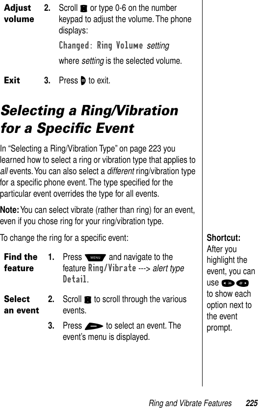 Ring and Vibrate Features 225Selecting a Ring/Vibration for a Speciﬁc EventIn “Selecting a Ring/Vibration Type” on page 223 you learned how to select a ring or vibration type that applies to all events. You can also select a different ring/vibration type for a speciﬁc phone event. The type speciﬁed for the particular event overrides the type for all events.Note: You can select vibrate (rather than ring) for an event, even if you chose ring for your ring/vibration type.Shortcut: After you highlight the event, you can use *# to show each option next to the event prompt.To change the ring for a speciﬁc event:Adjust volume2. Scroll S or type 0-6 on the number keypad to adjust the volume. The phone displays: Changed: Ring Volume settingwhere setting is the selected volume.Exit3. Press O to exit.Find the feature1. Press M and navigate to the feature Ring/Vibrate ---&gt; alert type Detail.Select an event2. Scroll S to scroll through the various events. 3. Press + to select an event. The event’s menu is displayed. 