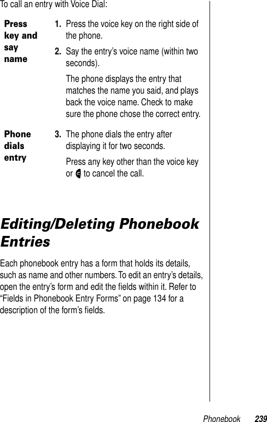 Phonebook 239To call an entry with Voice Dial:Editing/Deleting Phonebook EntriesEach phonebook entry has a form that holds its details, such as name and other numbers. To edit an entry’s details, open the entry’s form and edit the ﬁelds within it. Refer to “Fields in Phonebook Entry Forms” on page 134 for a description of the form’s ﬁelds. Press key and say name1. Press the voice key on the right side of the phone.2. Say the entry’s voice name (within two seconds).The phone displays the entry that matches the name you said, and plays back the voice name. Check to make sure the phone chose the correct entry.Phone dials entry3. The phone dials the entry after displaying it for two seconds.Press any key other than the voice key or N to cancel the call.