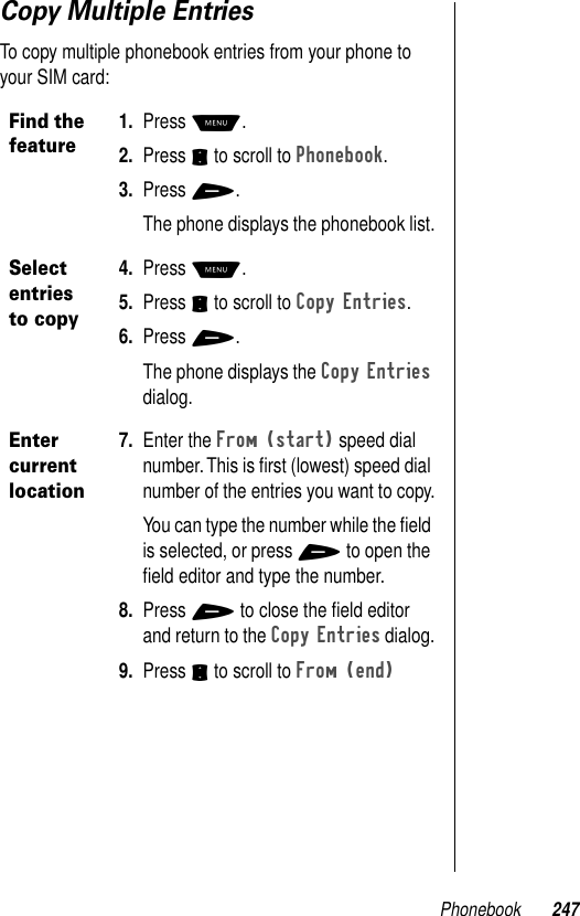 Phonebook 247Copy Multiple EntriesTo copy multiple phonebook entries from your phone to your SIM card:Find the feature1. Press M.2. Press S to scroll to Phonebook.3. Press +.The phone displays the phonebook list.Select entries to copy4. Press M.5. Press S to scroll to Copy Entries.6. Press +.The phone displays the Copy Entries dialog.Enter current location7. Enter the From (start) speed dial number. This is ﬁrst (lowest) speed dial number of the entries you want to copy.You can type the number while the ﬁeld is selected, or press + to open the ﬁeld editor and type the number.8. Press + to close the ﬁeld editor and return to the Copy Entries dialog.9. Press S to scroll to From (end)
