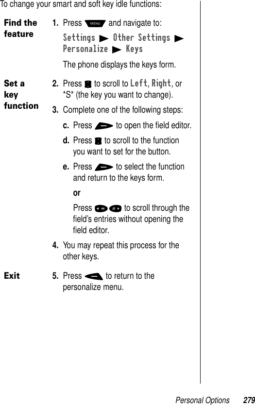 Personal Options 279To change your smart and soft key idle functions:Find the feature1. Press M and navigate to:Settings B Other Settings B Personalize B KeysThe phone displays the keys form.Set a key function2. Press S to scroll to Left, Right, or *S* (the key you want to change).3. Complete one of the following steps:c. Press + to open the ﬁeld editor.d. Press S to scroll to the function you want to set for the button. e. Press + to select the function and return to the keys form.orPress *# to scroll through the ﬁeld’s entries without opening the ﬁeld editor.4. You may repeat this process for the other keys.Exit5. Press - to return to the personalize menu.