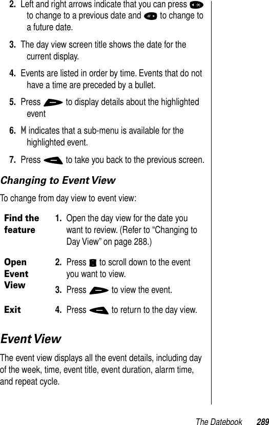 The Datebook 2892. Left and right arrows indicate that you can press * to change to a previous date and # to change to a future date.3. The day view screen title shows the date for the current display. 4. Events are listed in order by time. Events that do not have a time are preceded by a bullet. 5. Press + to display details about the highlighted event6.M indicates that a sub-menu is available for the highlighted event.7. Press - to take you back to the previous screen.Changing to Event ViewTo change from day view to event view:Event ViewThe event view displays all the event details, including day of the week, time, event title, event duration, alarm time, and repeat cycle.Find the feature1. Open the day view for the date you want to review. (Refer to “Changing to Day View” on page 288.)Open Event View2. Press S to scroll down to the event you want to view.3. Press + to view the event. Exit4. Press - to return to the day view.