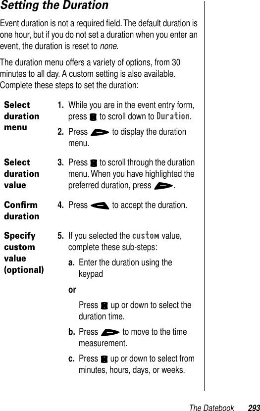 The Datebook 293Setting the DurationEvent duration is not a required ﬁeld. The default duration is one hour, but if you do not set a duration when you enter an event, the duration is reset to none. The duration menu offers a variety of options, from 30 minutes to all day. A custom setting is also available. Complete these steps to set the duration:Select duration menu1. While you are in the event entry form, press S to scroll down to Duration. 2. Press + to display the duration menu.Select duration value3. Press S to scroll through the duration menu. When you have highlighted the preferred duration, press +.Conﬁrm duration4. Press - to accept the duration.Specify custom value (optional)5. If you selected the custom value, complete these sub-steps:a. Enter the duration using the keypadorPress S up or down to select the duration time. b. Press + to move to the time measurement. c. Press S up or down to select from minutes, hours, days, or weeks.