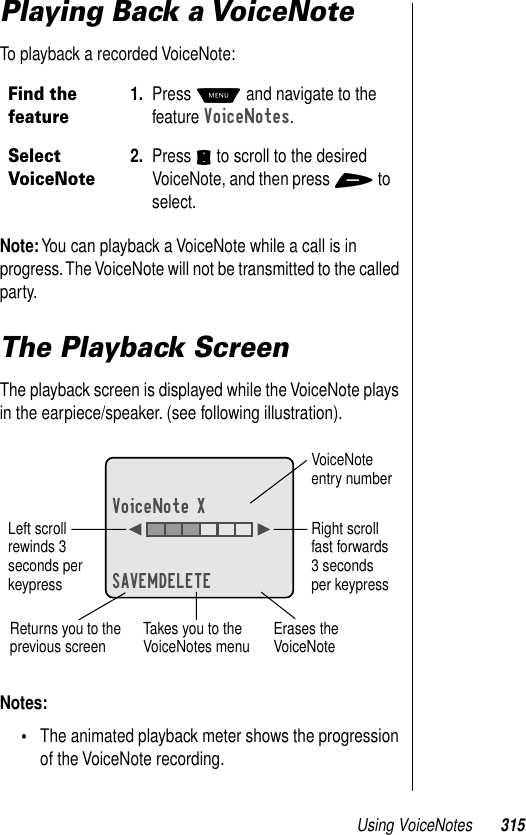 Using VoiceNotes 315Playing Back a VoiceNoteTo playback a recorded VoiceNote:Note: You can playback a VoiceNote while a call is in progress. The VoiceNote will not be transmitted to the called party.The Playback ScreenThe playback screen is displayed while the VoiceNote plays in the earpiece/speaker. (see following illustration).Notes: •The animated playback meter shows the progression of the VoiceNote recording.Find the feature1. Press M and navigate to the feature VoiceNotes.Select VoiceNote2. Press S to scroll to the desired VoiceNote, and then press + to select.VoiceNote XSAVEMDELETETakes you to the VoiceNotes menu Erases the VoiceNoteReturns you to the previous screenVoiceNote entry numberRight scroll fast forwards 3 seconds per keypressLeft scroll rewinds 3 seconds per keypress