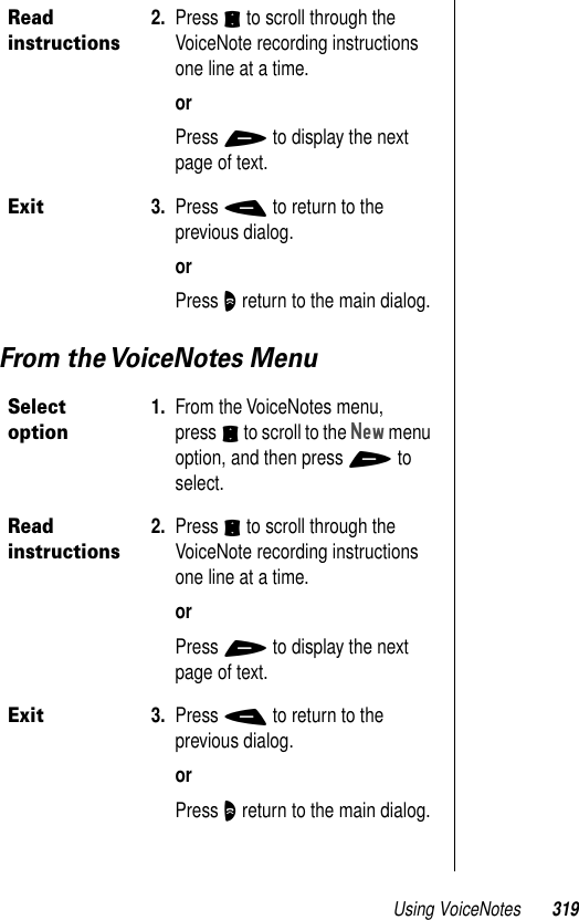 Using VoiceNotes 319From the VoiceNotes MenuRead instructions2. Press S to scroll through the VoiceNote recording instructions one line at a time.orPress + to display the next page of text.Exit3. Press - to return to the previous dialog.orPress O return to the main dialog.Select option1. From the VoiceNotes menu, press S to scroll to the New menu option, and then press + to select.Read instructions2. Press S to scroll through the VoiceNote recording instructions one line at a time.orPress + to display the next page of text.Exit3. Press - to return to the previous dialog.orPress O return to the main dialog.