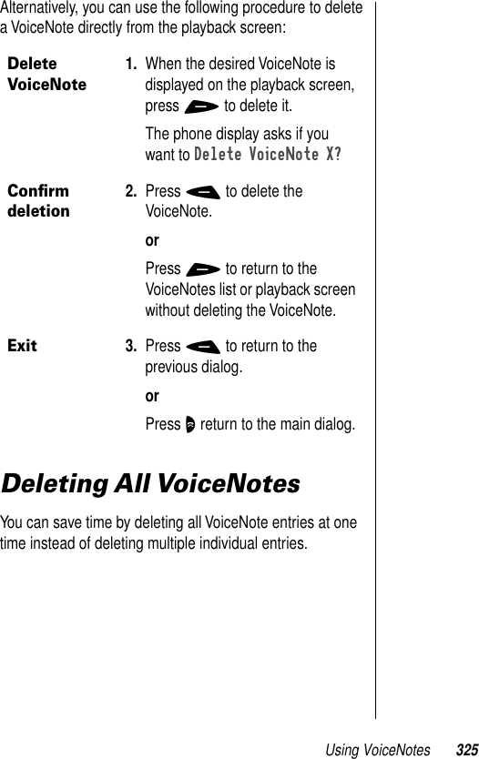 Using VoiceNotes 325Alternatively, you can use the following procedure to delete a VoiceNote directly from the playback screen:Deleting All VoiceNotesYou can save time by deleting all VoiceNote entries at one time instead of deleting multiple individual entries.Delete VoiceNote1. When the desired VoiceNote is displayed on the playback screen, press + to delete it.The phone display asks if you want to Delete VoiceNote X?Conﬁrm deletion2. Press - to delete the VoiceNote.orPress + to return to the VoiceNotes list or playback screen without deleting the VoiceNote.Exit3. Press - to return to the previous dialog.orPress O return to the main dialog.