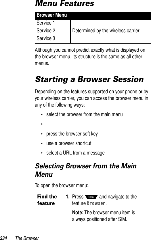 334 The BrowserMenu Features Although you cannot predict exactly what is displayed on the browser menu, its structure is the same as all other menus.Starting a Browser SessionDepending on the features supported on your phone or by your wireless carrier, you can access the browser menu in any of the following ways:•select the browser from the main menu••press the browser soft key •use a browser shortcut •select a URL from a messageSelecting Browser from the Main MenuTo open the browser menu:.Browser MenuService 1Determined by the wireless carrierService 2Service 3Find the feature1. Press M and navigate to the feature Browser. Note: The browser menu item is always positioned after SIM.