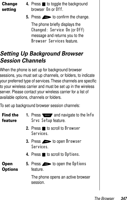 The Browser 347Setting Up Background Browser Session ChannelsWhen the phone is set up for background browser sessions, you must set up channels, or folders, to indicate your preferred type of services. These channels are speciﬁc to your wireless carrier and must be set up in the wireless server. Please contact your wireless carrier for a list of available options, channels or folders.To set up background browser session channels:Change setting4. Press S to toggle the background browser On or Off. 5. Press + to conﬁrm the change.The phone brieﬂy displays the Changed: Service On (or Off) message and returns you to the Browser Services feature.Find the feature1. Press M and navigate to the Info Srvc Setup feature. 2. Press S to scroll to Browser Services.3. Press + to open Browser Services.4. Press S to scroll to Options.Open Options5. Press + to open the Options feature.The phone opens an active browser session.