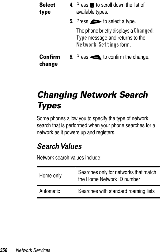 358 Network ServicesChanging Network Search TypesSome phones allow you to specify the type of network search that is performed when your phone searches for a network as it powers up and registers.Search ValuesNetwork search values include:Select type4. Press S to scroll down the list of available types. 5. Press + to select a type. The phone brieﬂy displays a Changed: Type message and returns to the Network Settings form.Conﬁrm change6. Press - to conﬁrm the change.Home only Searches only for networks that match the Home Network ID numberAutomatic Searches with standard roaming lists