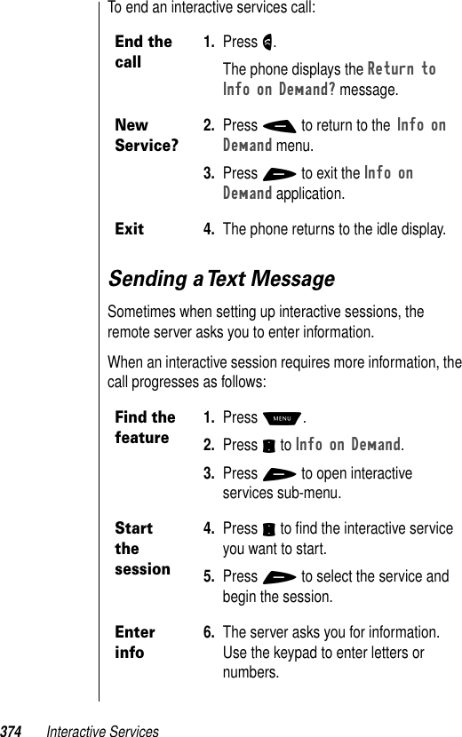 374 Interactive ServicesTo end an interactive services call:Sending a Text MessageSometimes when setting up interactive sessions, the remote server asks you to enter information.When an interactive session requires more information, the call progresses as follows:End the call1. Press N.The phone displays the Return to Info on Demand? message.New Service?2. Press - to return to the Info on Demand menu.3. Press + to exit the Info on Demand application.Exit4. The phone returns to the idle display.Find the feature1. Press M. 2. Press S to Info on Demand.3. Press + to open interactive services sub-menu.Start the session4. Press S to ﬁnd the interactive service you want to start. 5. Press + to select the service and begin the session.Enter info6. The server asks you for information. Use the keypad to enter letters or numbers. 