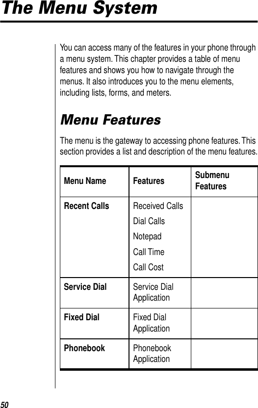 50The Menu SystemYou can access many of the features in your phone through a menu system. This chapter provides a table of menu features and shows you how to navigate through the menus. It also introduces you to the menu elements, including lists, forms, and meters.Menu FeaturesThe menu is the gateway to accessing phone features. This section provides a list and description of the menu features.Menu Name Features Submenu FeaturesRecent Calls Received CallsDial CallsNotepadCall TimeCall CostService Dial Service Dial ApplicationFixed Dial Fixed Dial ApplicationPhonebook Phonebook Application