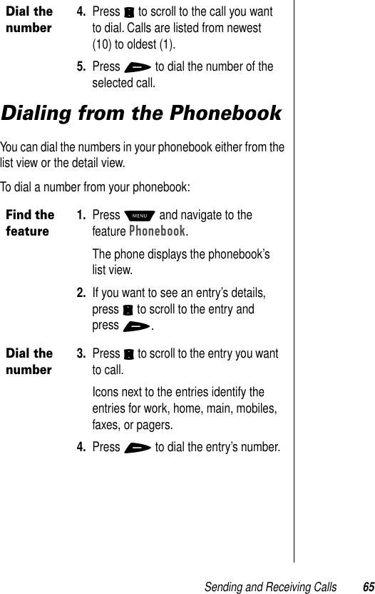 Sending and Receiving Calls 65Dialing from the PhonebookYou can dial the numbers in your phonebook either from the list view or the detail view.To dial a number from your phonebook:Dial the number4. Press S to scroll to the call you want to dial. Calls are listed from newest (10) to oldest (1).5. Press + to dial the number of the selected call.Find the feature1. Press M and navigate to the feature Phonebook.The phone displays the phonebook’s list view. 2. If you want to see an entry’s details, press S to scroll to the entry and press +.Dial the number3. Press S to scroll to the entry you want to call.Icons next to the entries identify the entries for work, home, main, mobiles, faxes, or pagers. 4. Press + to dial the entry’s number.